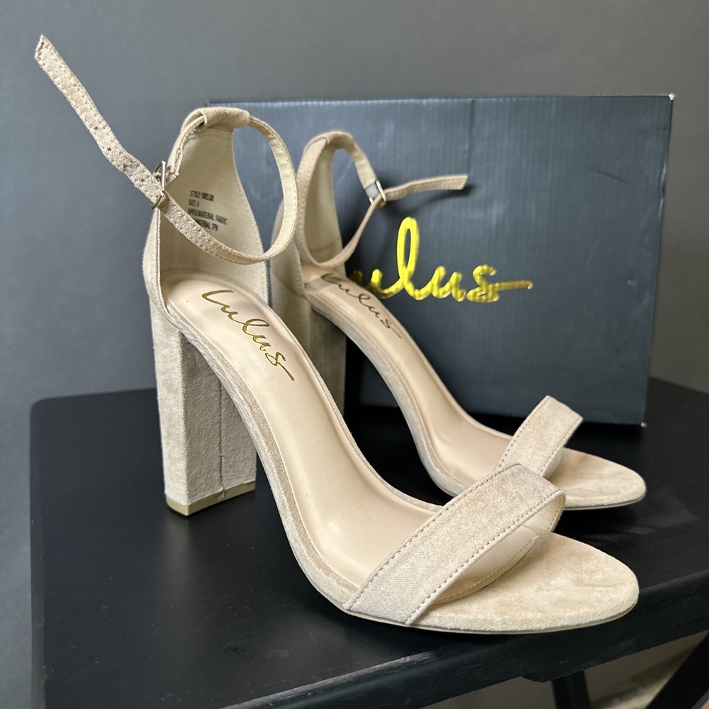 Women's Lulus Taylor Fabric Suede-Like Ankle Strap Heels in Natural Beige SIze 8